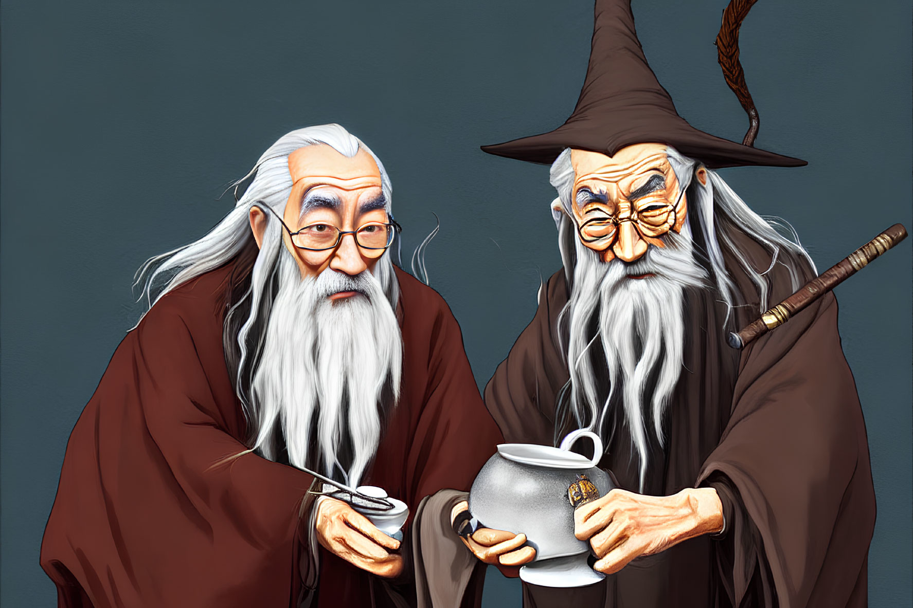 Elderly wizards in pointed hats pouring tea from a pot and holding a teacup