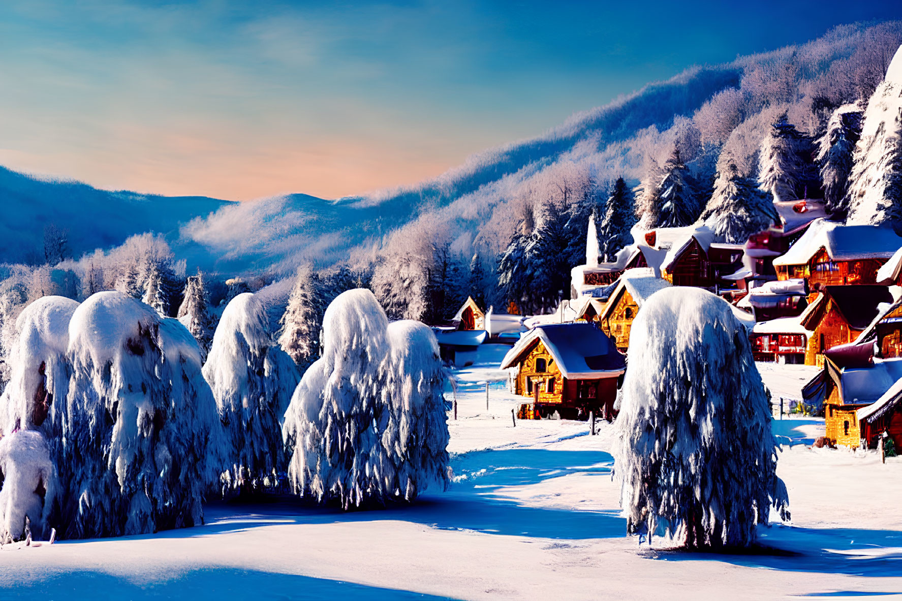 Snow-covered trees and chalets in winter landscape with mountains at sunrise or sunset