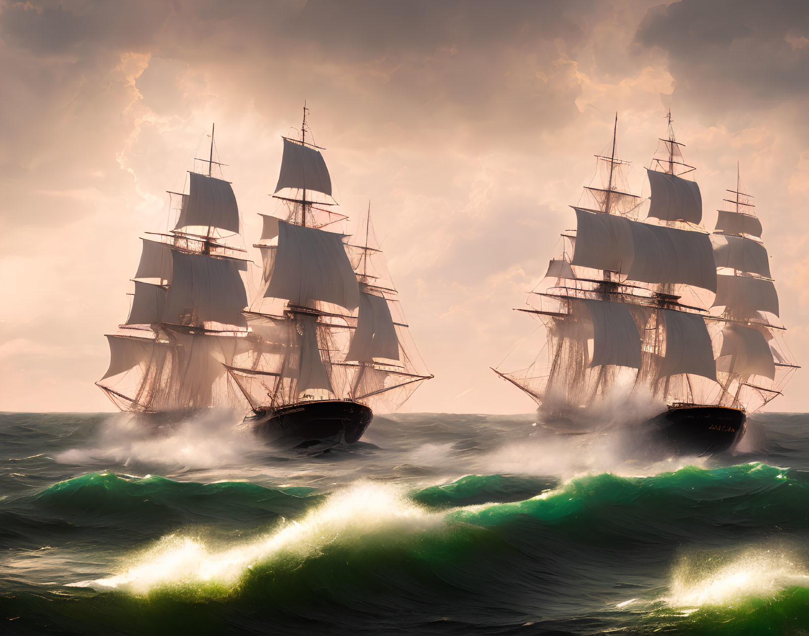 Majestic sailing ships on rolling ocean waves under dramatic sky