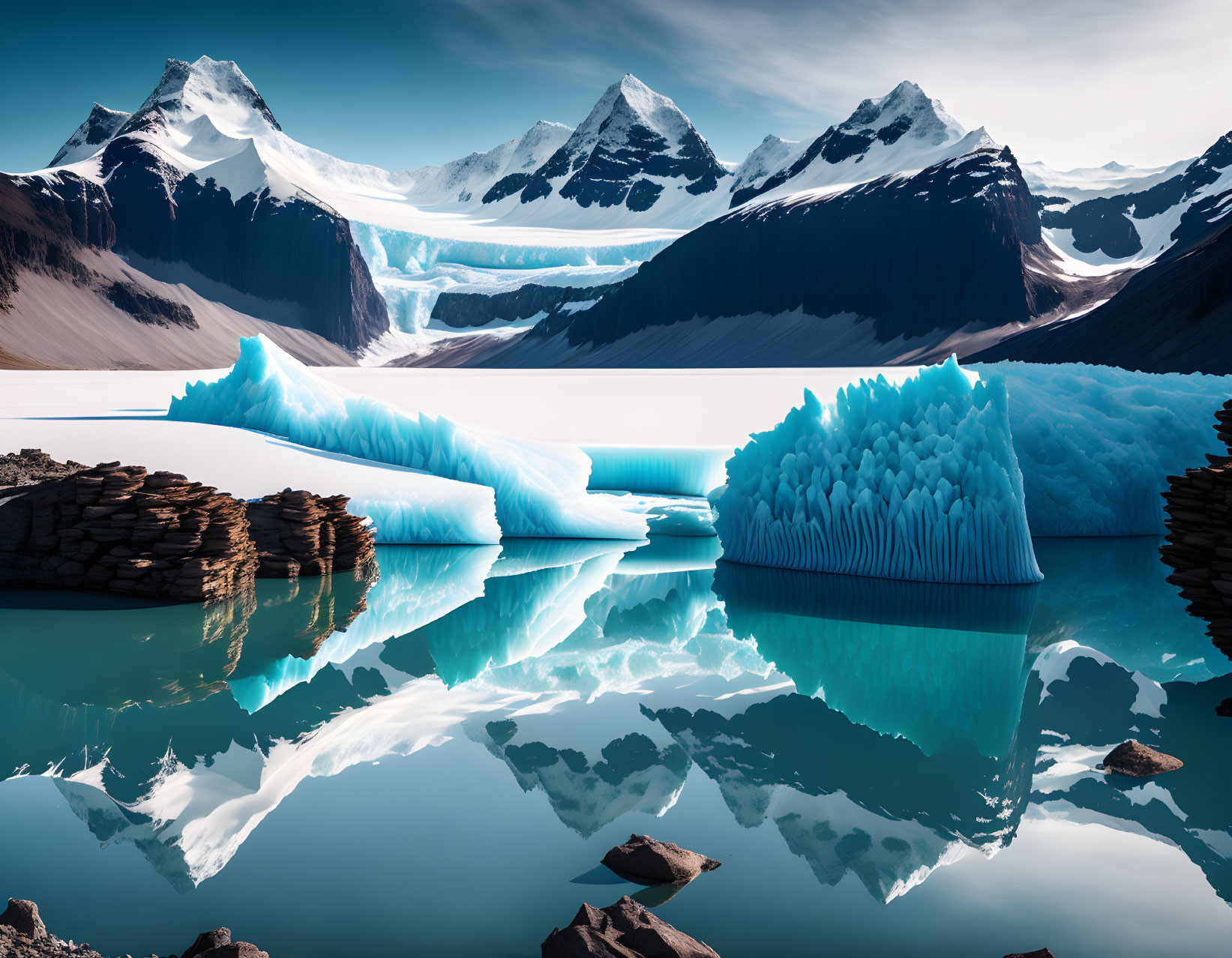 Glacial Landscape with Ice Formations and Snowy Peaks