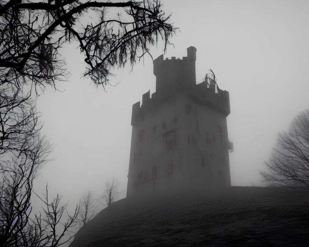 Medieval castle in thick fog with bare tree branches