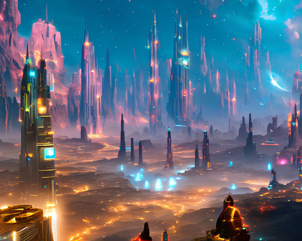 Futuristic cityscape with luminescent towers and alien landscape