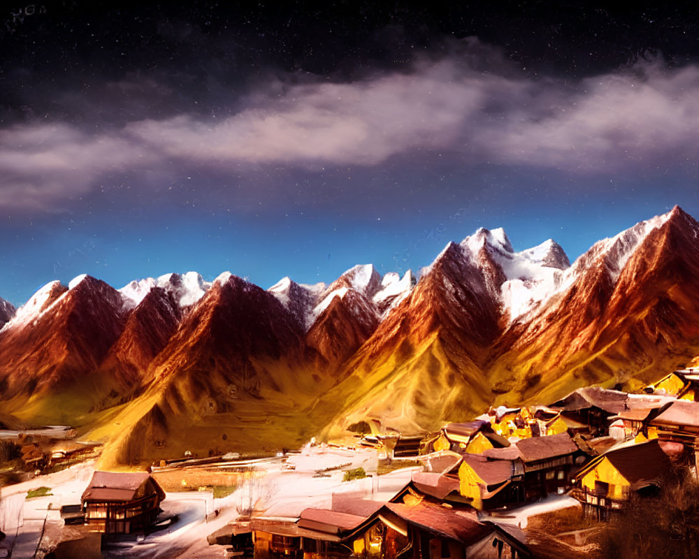 Snow-covered mountain village at dusk with glowing houses under starry sky