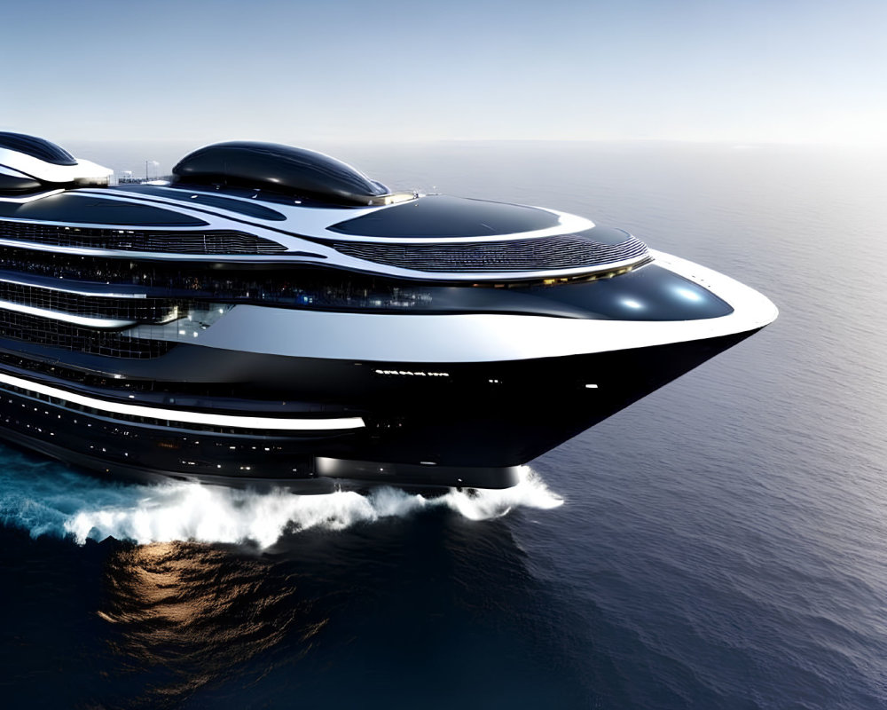 Sleek Black and White Modern Yacht with Solar Panels Cruising Ocean