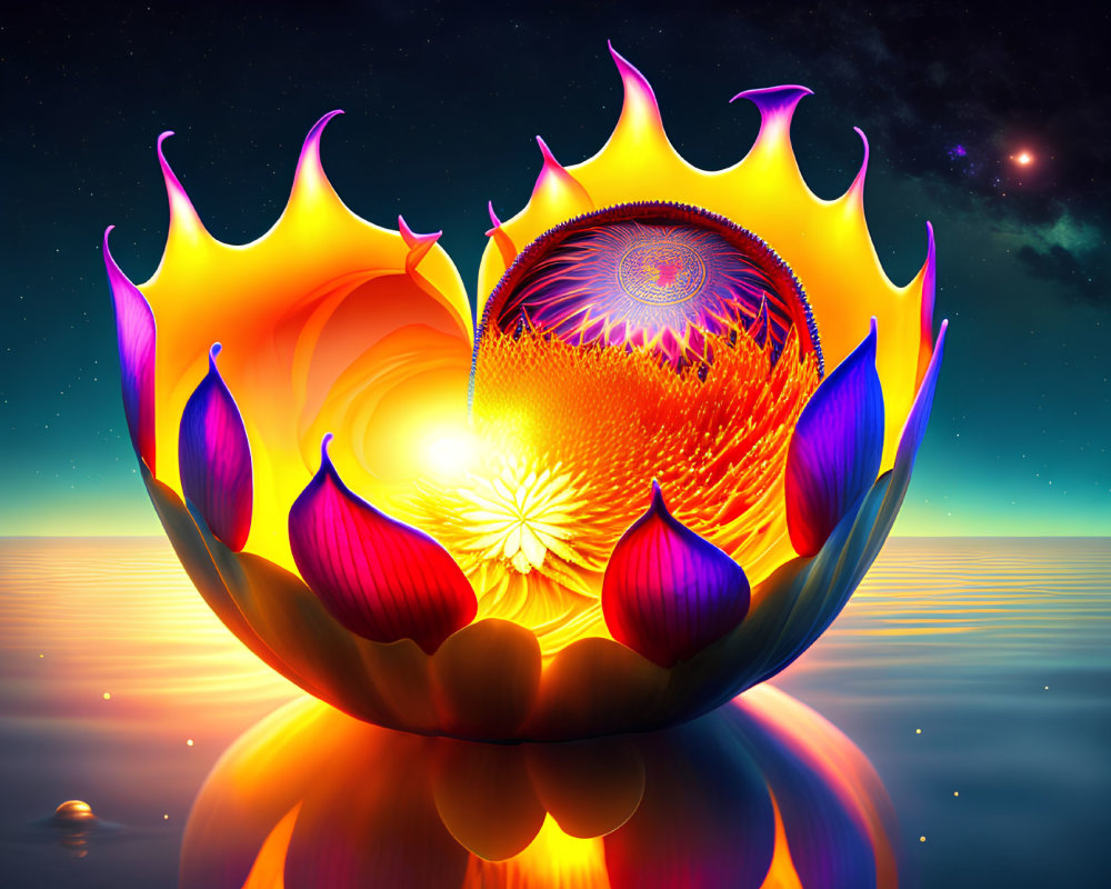 Surreal glowing lotus with flaming petals on water at night