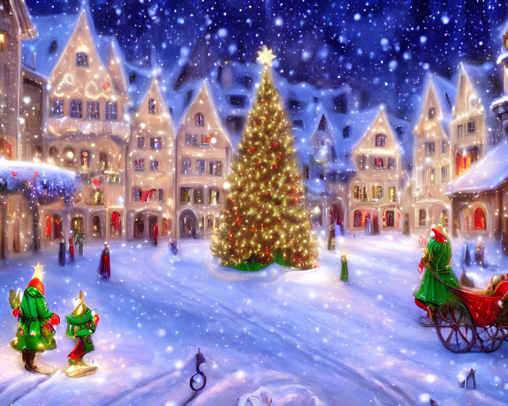 Snow-covered town square with Christmas tree, horse-drawn carriage, and illuminated buildings