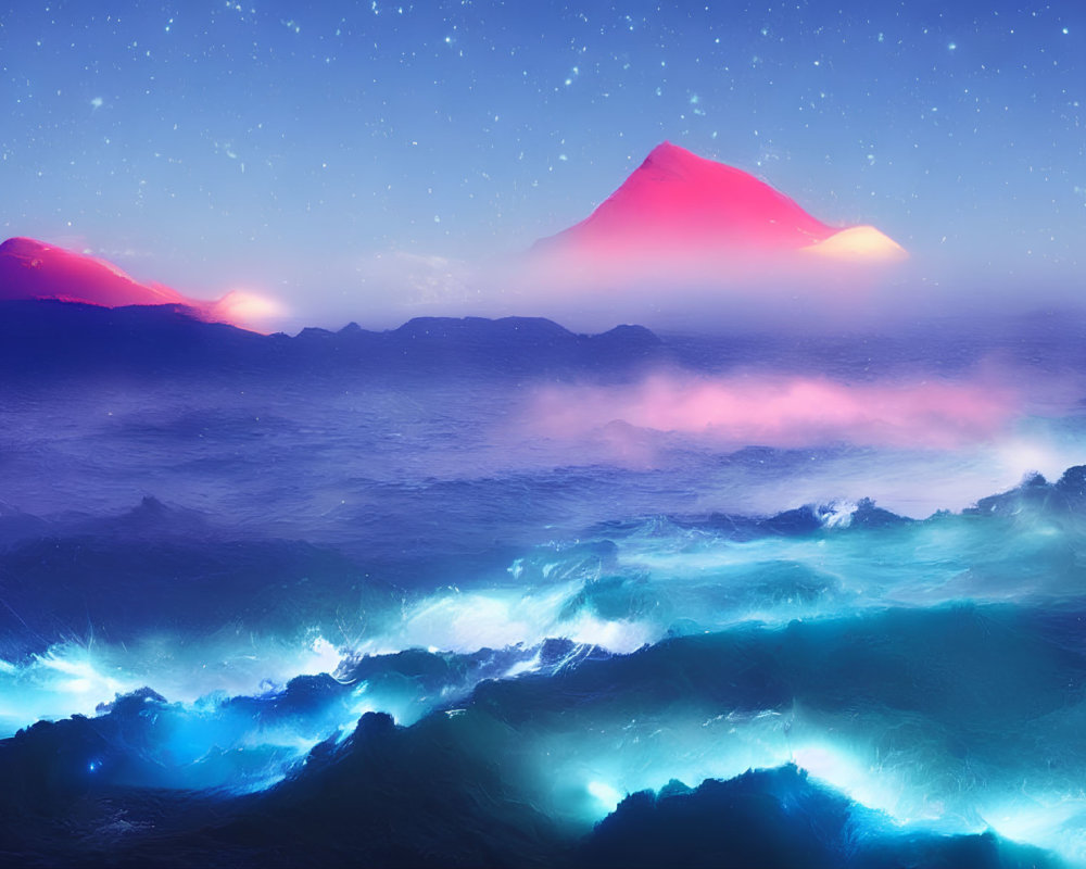 Surreal seascape digital artwork with bioluminescent waves and glowing twin peaks