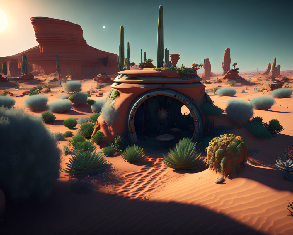 Circular door futuristic pod structure in desert with cacti and red rocks