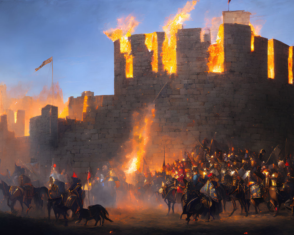 Medieval siege scene with knights attacking burning castle amid smoky battlefield