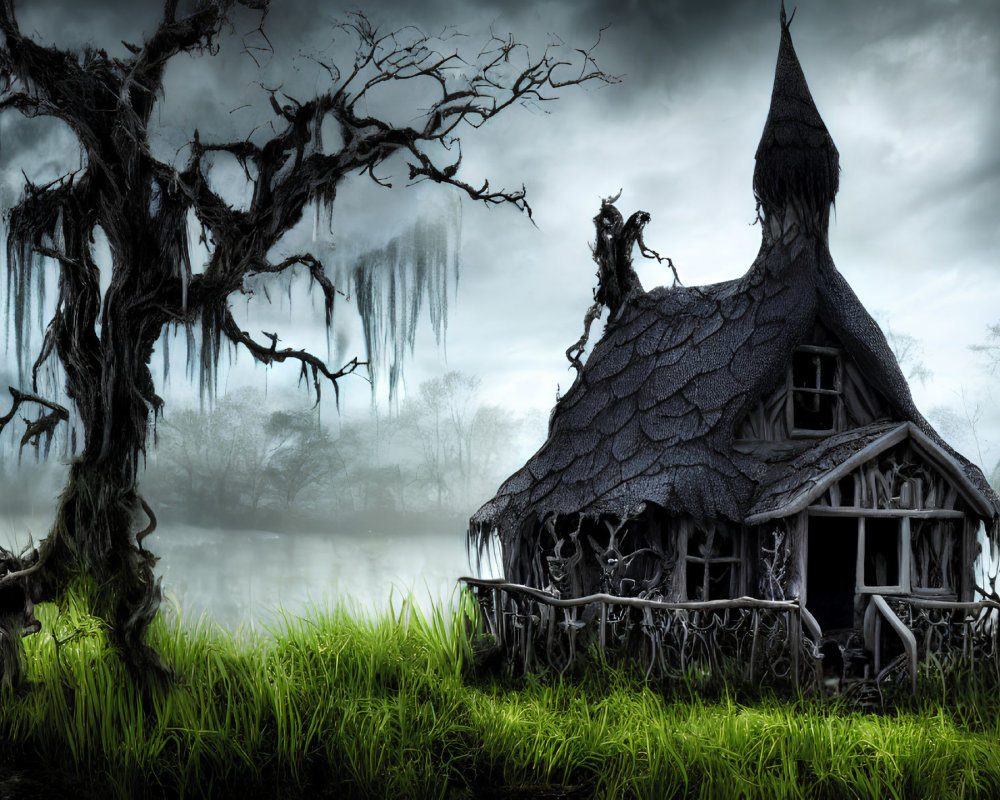 Abandoned haunted house in foggy swamp with eerie trees