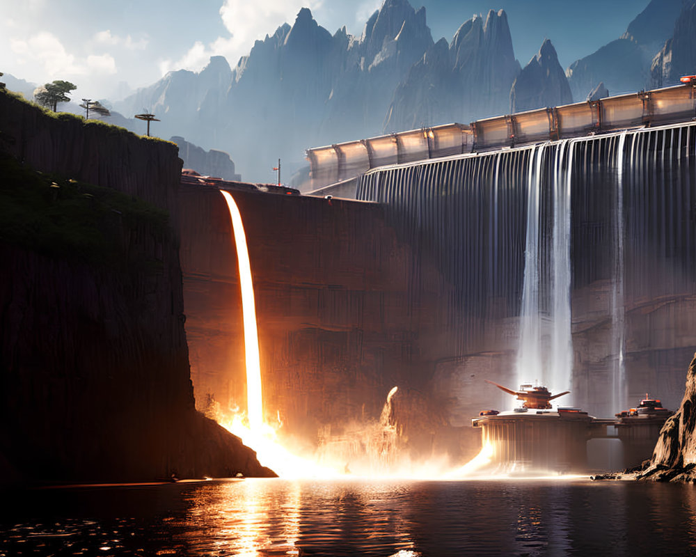 Futuristic dam with cascading waterfalls and lava flow in mountainous setting