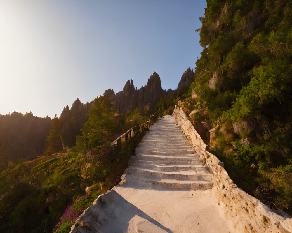 Rugged hillside with stone steps and sharp peaks in warm sunlight