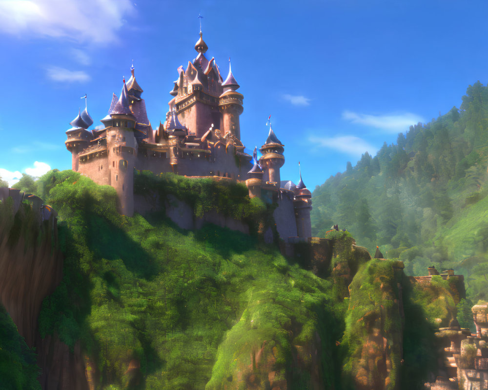 Majestic castle with spires on verdant hillside under soft sunlight