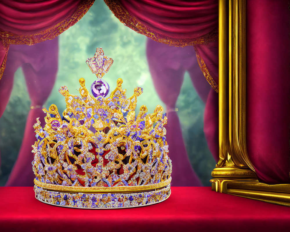 Golden Crown with Purple Gemstones and Pearls on Red Cushion Amid Velvet Curtains