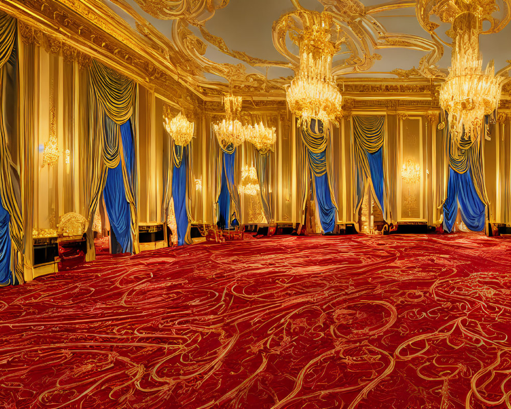 Luxurious Golden Walls, Ornate Chandeliers, Blue Draped Curtains, Red Carpet