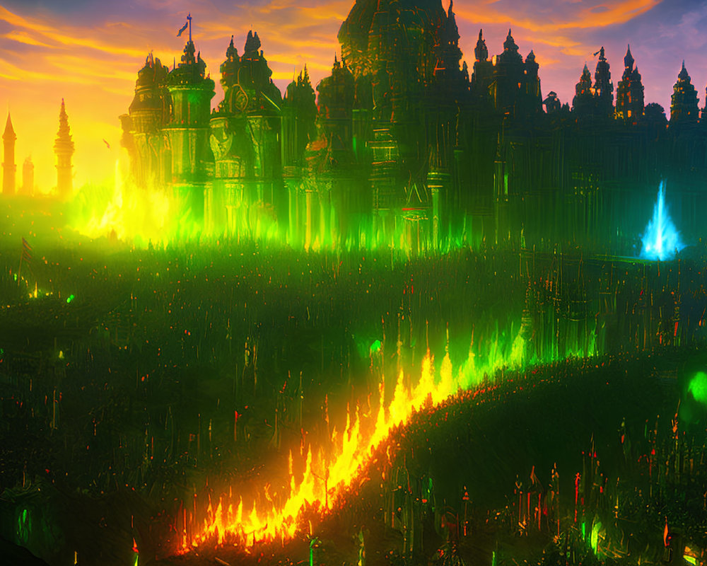 Fantasy landscape with army, castle, sunset sky, green flames, blue energy pillars