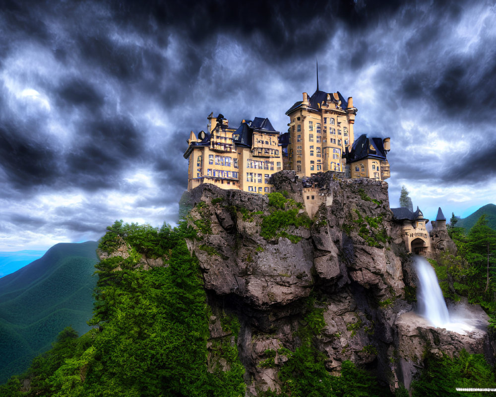 Majestic castle on rocky cliff with waterfall in lush greenery under stormy sky