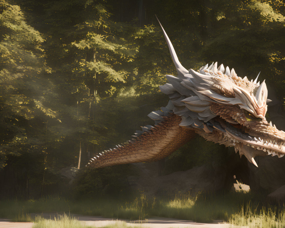 Spiked dragon with horns in forest clearing under sunlight