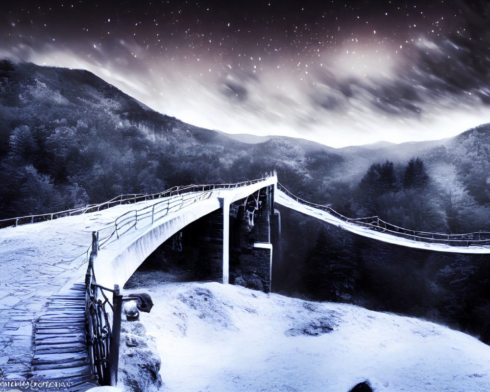 Snow-covered wooden bridge in mountainous landscape under starry night sky