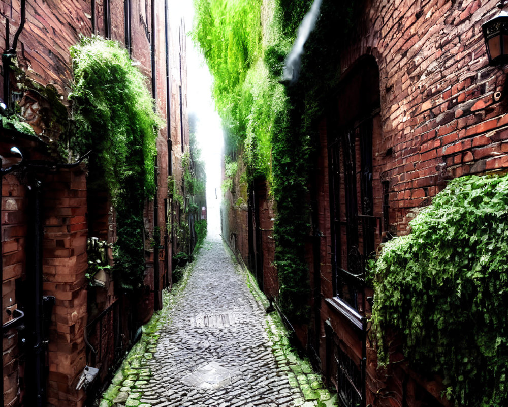 Historic cobblestone alley with ivy-covered brick buildings