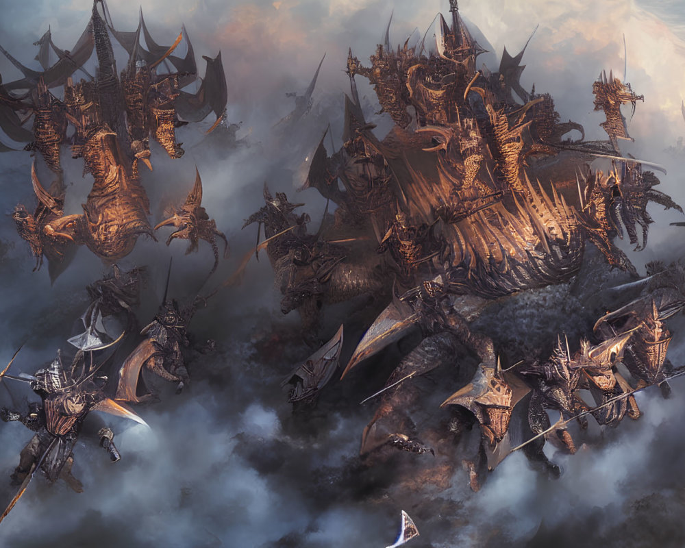 Armored warriors and giant beasts clash in dramatic battle scene