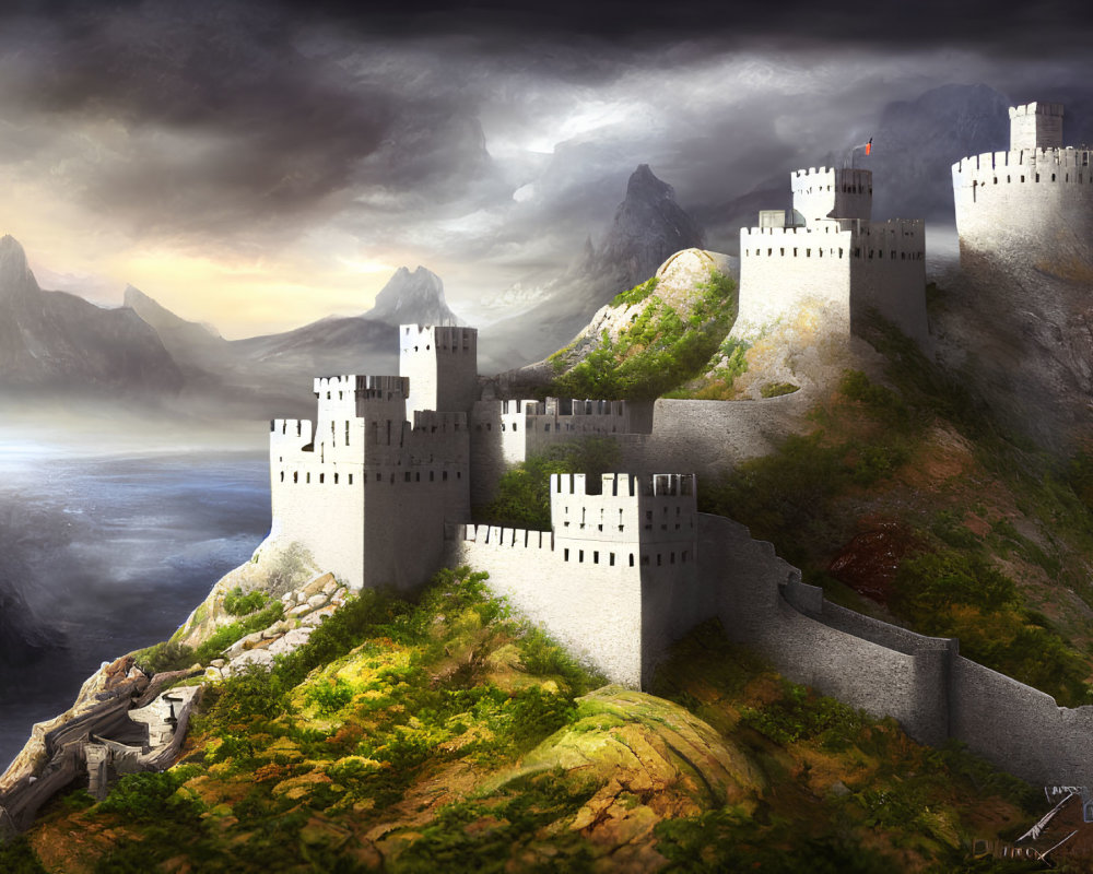 Majestic castle on cliff with towers, mountains, dramatic sky