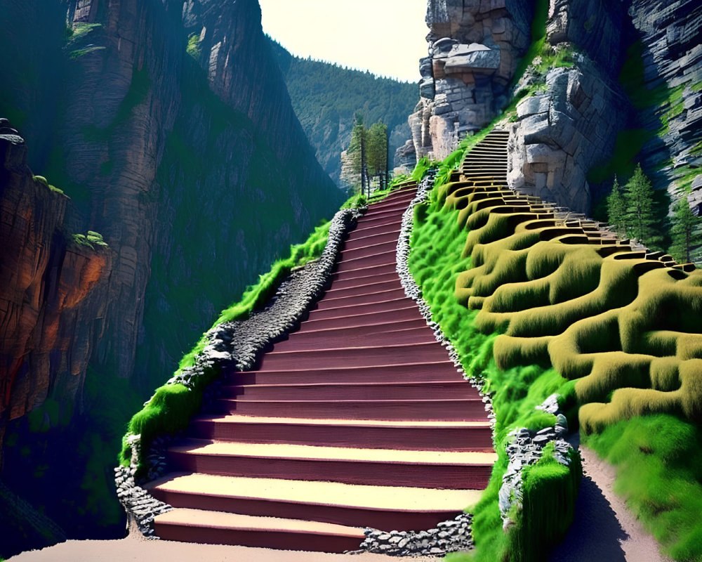 Ornate red staircase on moss-covered cliff with forest view