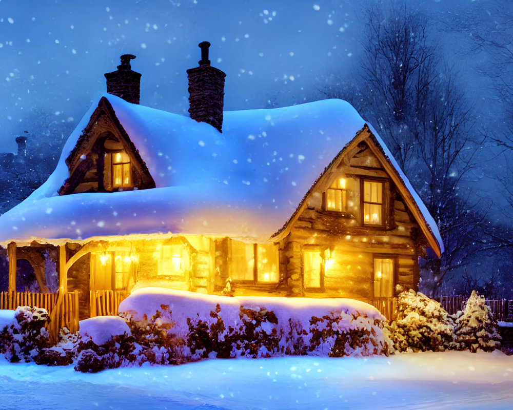 Snow-covered cottage with warm glowing lights in tranquil snowy night scene