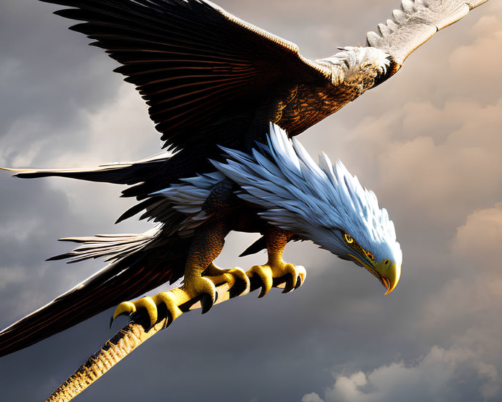 White-headed brown eagle perched on branch with spread wings against cloudy sky