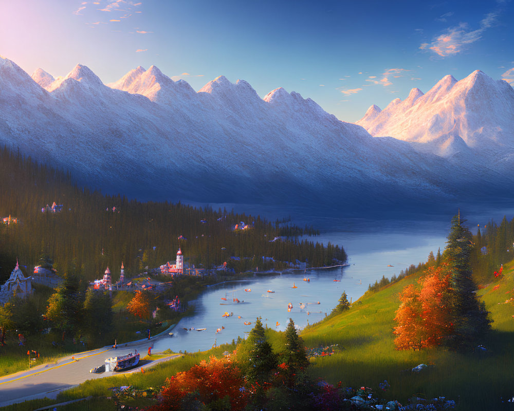 Vibrant valley, serene lake, autumn trees, village, mountains, blue sky