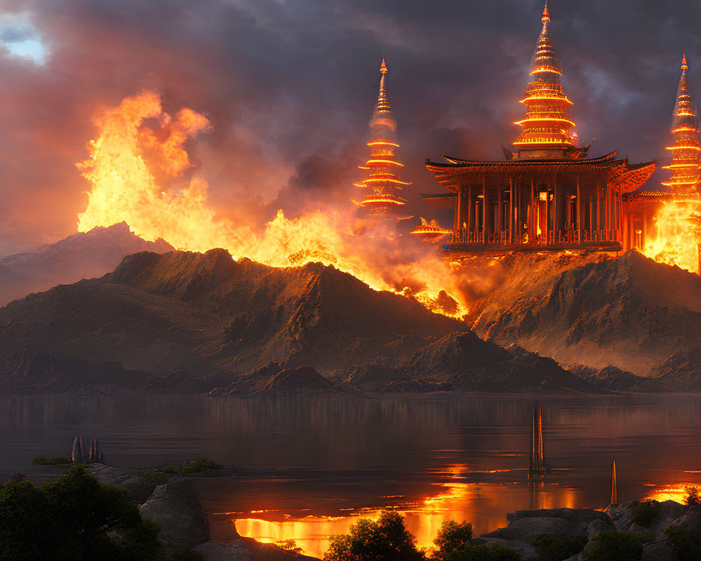 Fiery Mountains and Pagoda Reflecting in Tranquil Lake at Dusk