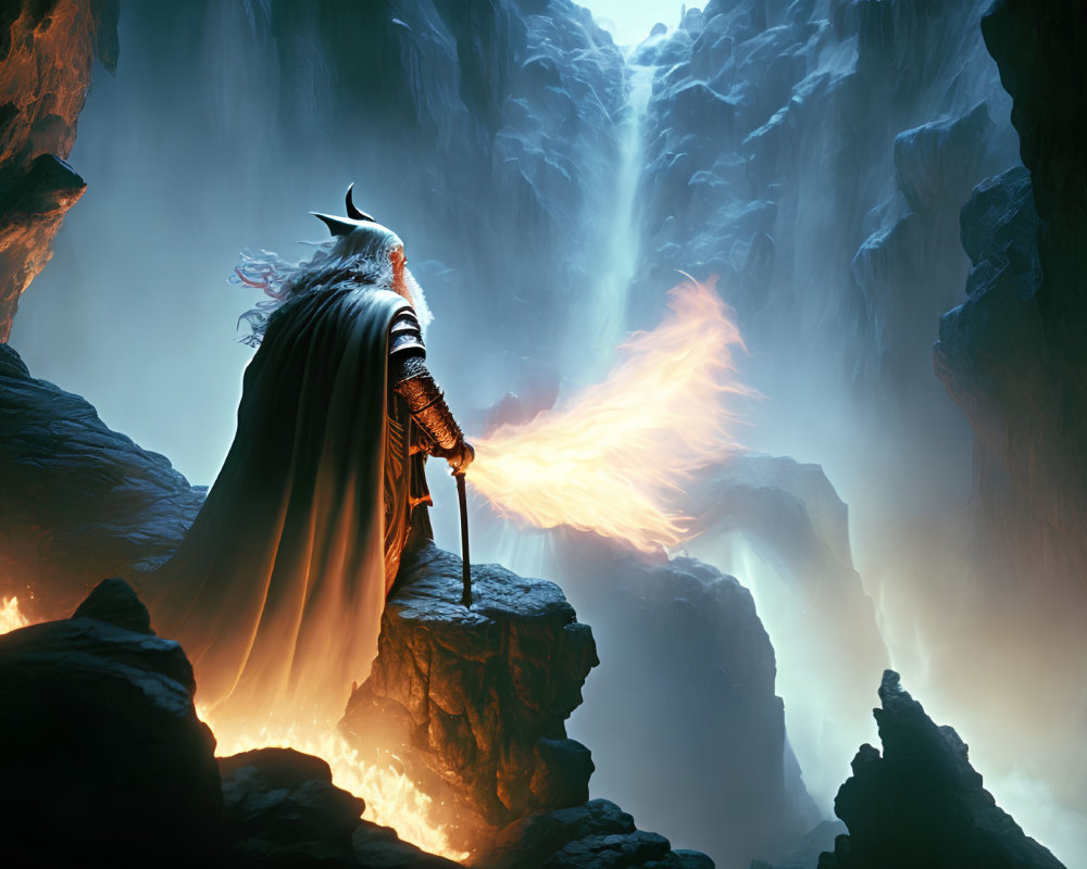 Robed figure with sword on rocky outcrop above lava chasm and waterfall