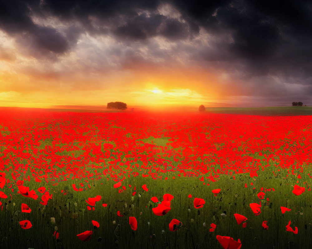 Dramatic sunrise over vibrant red poppy field