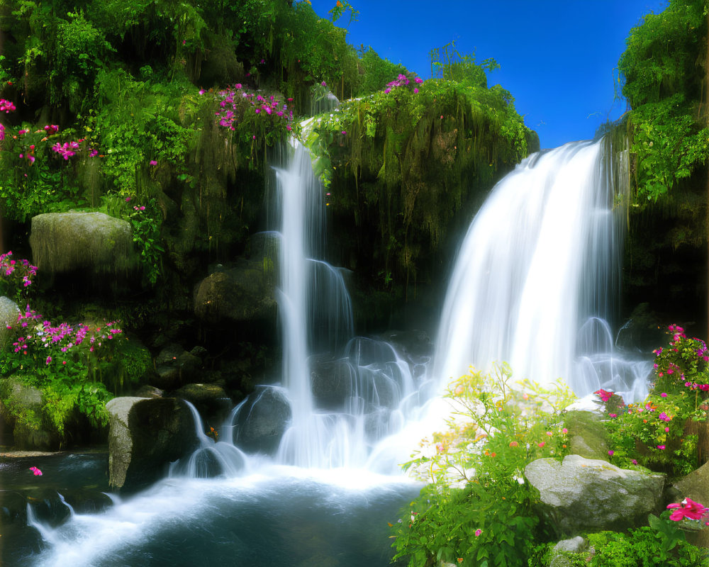 Scenic waterfall in lush greenery and colorful flowers