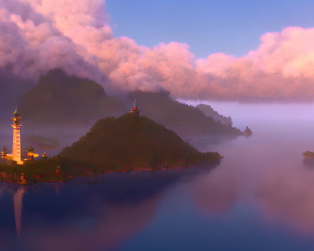 Twilight landscape with pagoda, temple, misty hill, and calm water