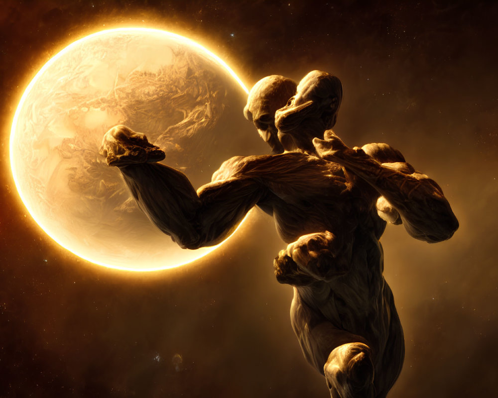 Muscular figure with illuminated outline and glowing planet.