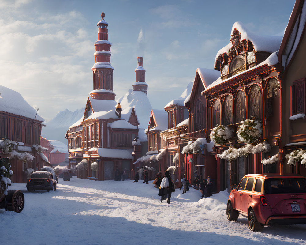 Snowy Street Scene with Historical Buildings, Pedestrians, Cars, and Mountains