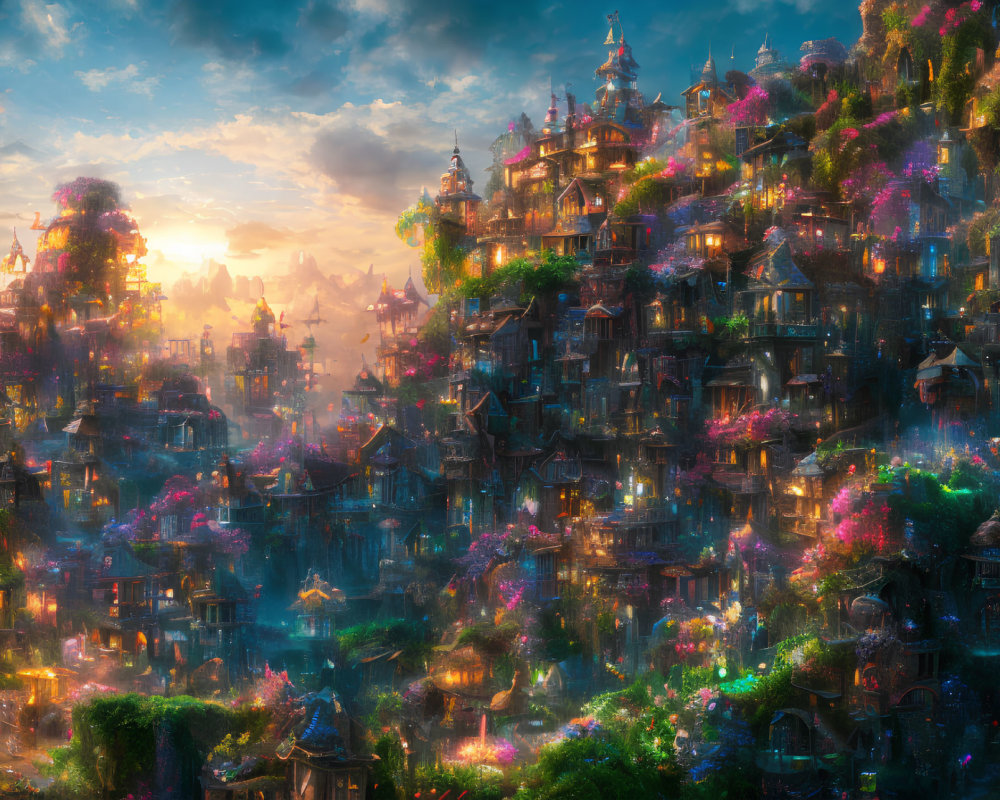 Fantasy cityscape with intricate buildings and lush vegetation at sunset