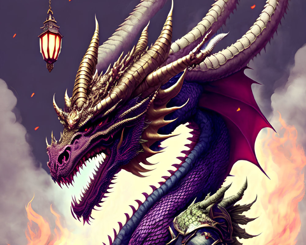 Purple Dragon with Multiple Horns and Lantern Tail in Flames Against Cloudy Sky