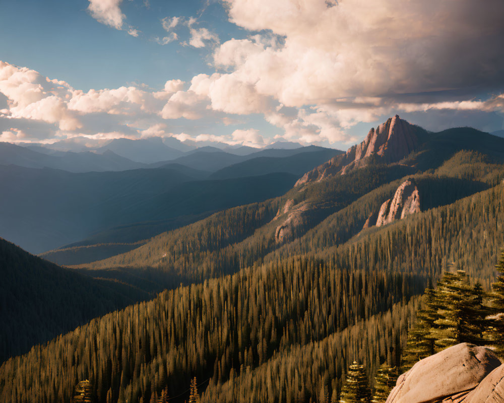 Golden Hour Mountain Landscape with Pine Forests and Rock Formations