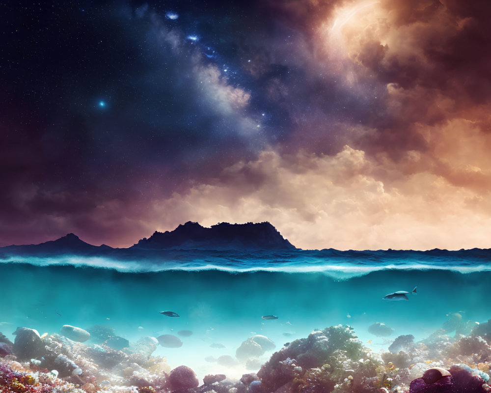 Colorful Coral Reef and Fish in Surreal Cosmic Ocean Environment