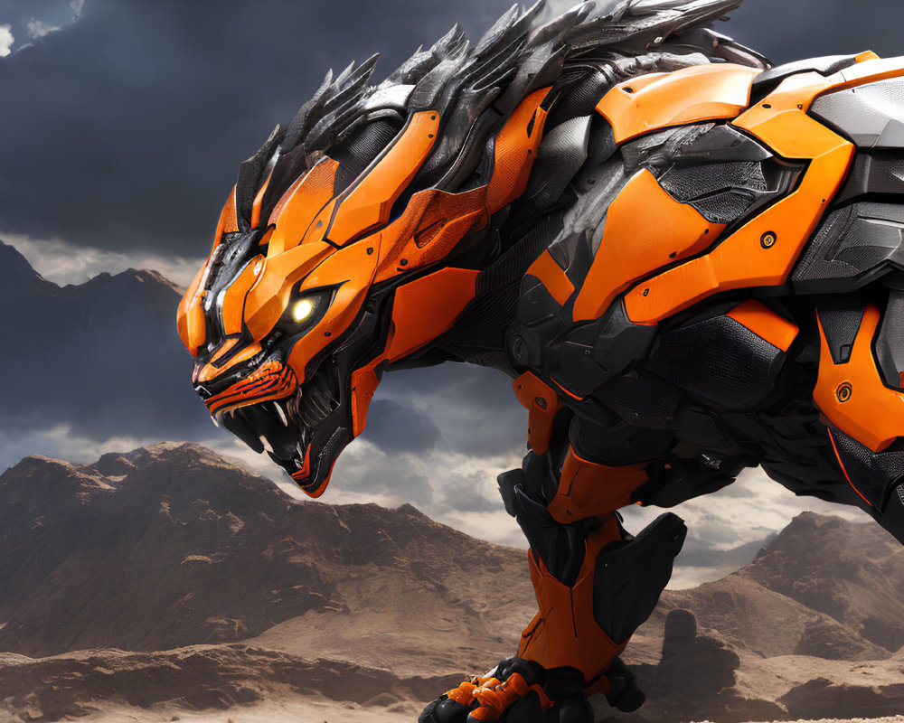 Mechanical robot tiger in black and orange armor on dramatic desert backdrop