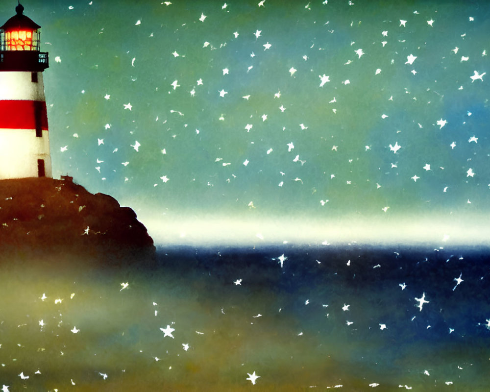 Starry night scene of lighthouse on cliff by sea