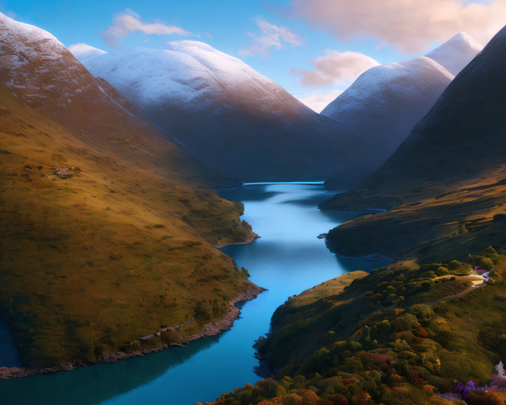 Tranquil landscape with winding river, green hills, and snow-capped mountains