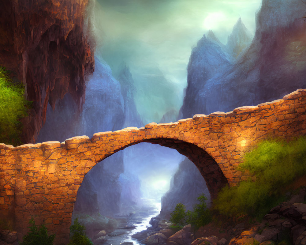 Ancient stone bridge over river in misty mountain gorge