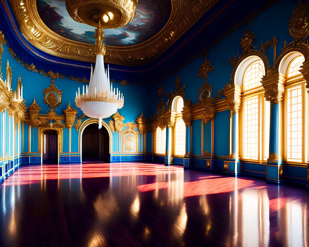 Elegant Blue and Gold Ballroom with Crystal Chandelier