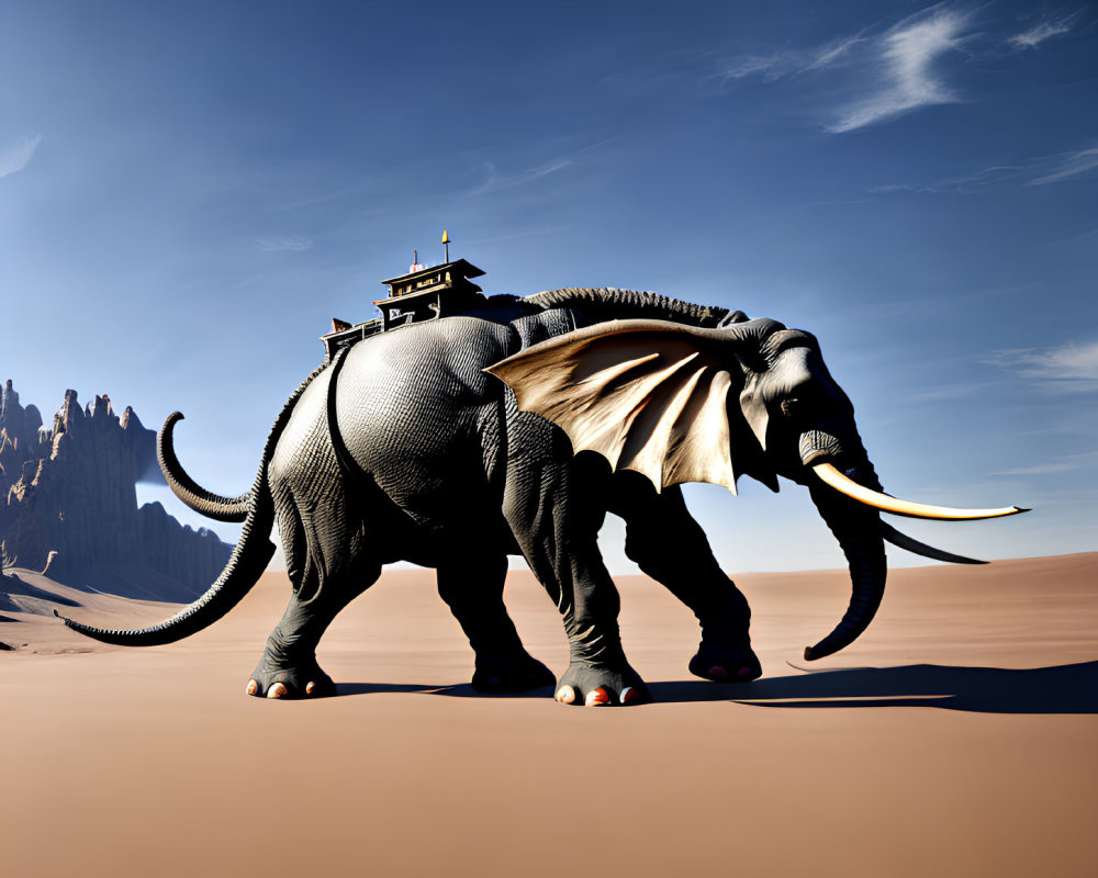 Gigantic elephant carrying a building in desert landscape