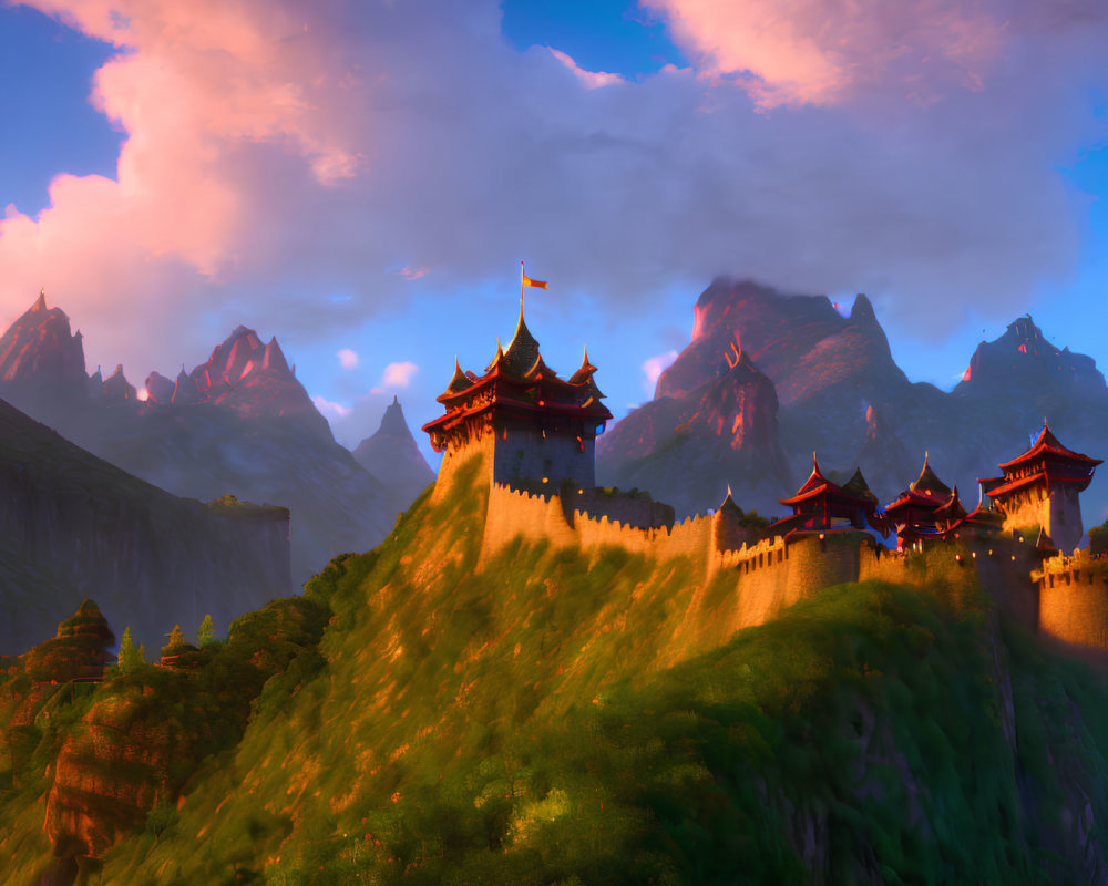 Ancient Eastern fortress on hill with red walls and golden roofs under dramatic sunset sky