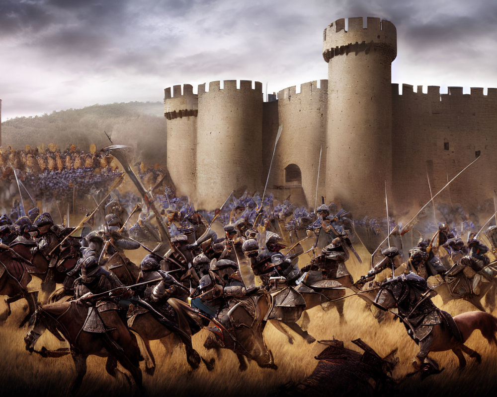 Medieval battle scene: cavalry charges by castle walls, infantry gathers.