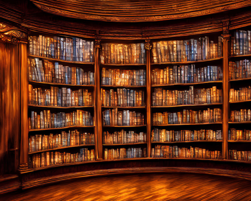 Cozy wooden library with curved bookshelves